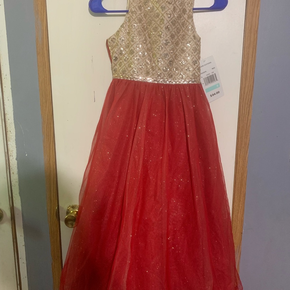 Rare Editions Red Tulle Gown with Gold Sequin Bodice